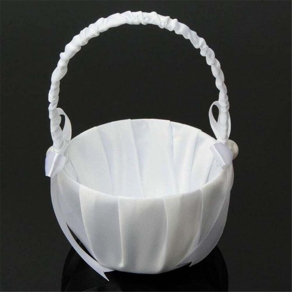 Romantic White Satin Beaded Wedding Flower Girl Basket Bowknot Decor Wedding Basket DIY Ceremony Party Decoration Candy Small