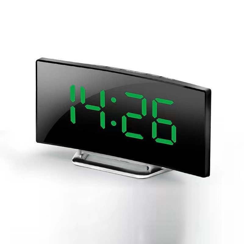 Digital Table, Electronic Number Desktop Alarm, LED Screen Curved Dimmable Mirror for Kids Bedroom (Color : Green)