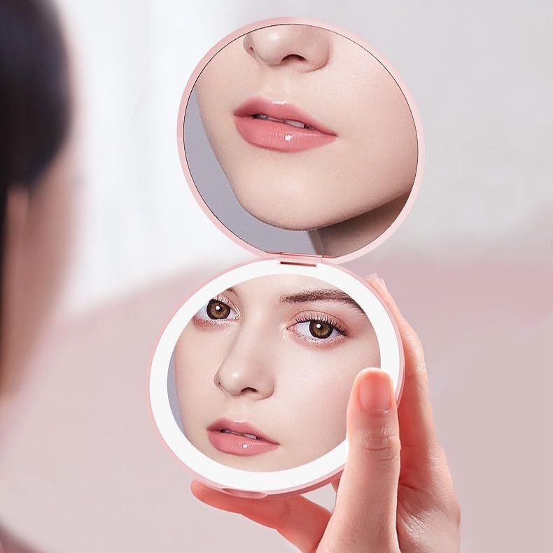 (with Light) Rechargeable Magnifying Mirror Dimmable Travel Mirror for Purse Pocket Handheld Double Sided Makeup Mirror