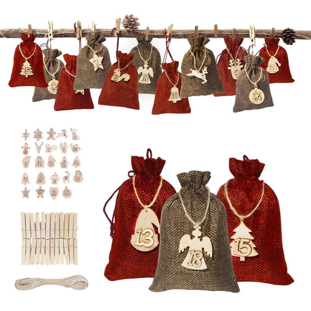 24Pcs Christmas Drawstring Gift Bags with Number Wooden Signs, Linen Present Bags for Christmas Birthday Party Countdown Favors