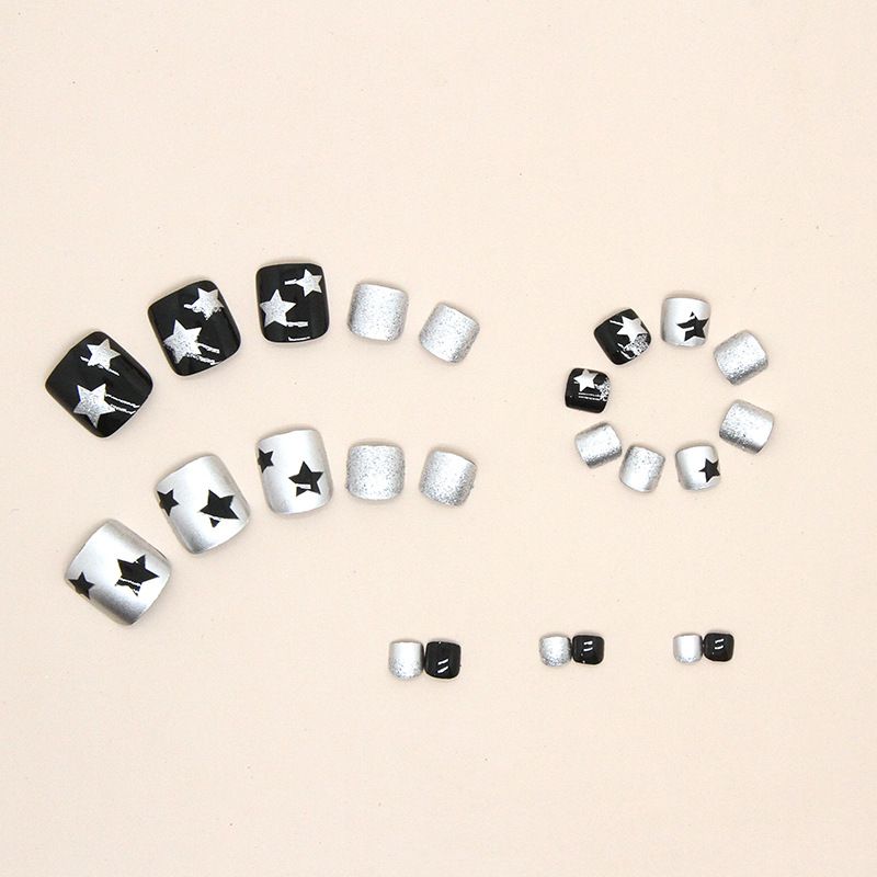 Short Press on Toenails Square False Toenails Black silver Fake Toe Nails Stars Designs Glue on Toenails Full Cover Stick 24Pcs
