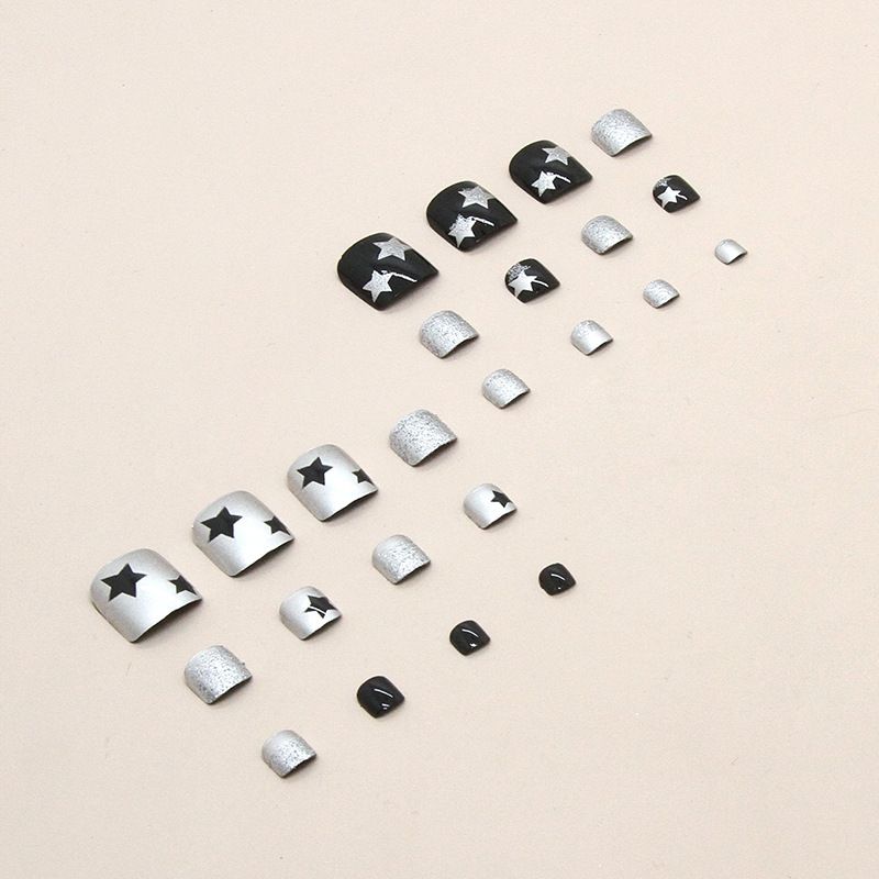 Short Press on Toenails Square False Toenails Black silver Fake Toe Nails Stars Designs Glue on Toenails Full Cover Stick 24Pcs