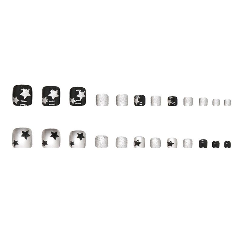 Short Press on Toenails Square False Toenails Black silver Fake Toe Nails Stars Designs Glue on Toenails Full Cover Stick 24Pcs
