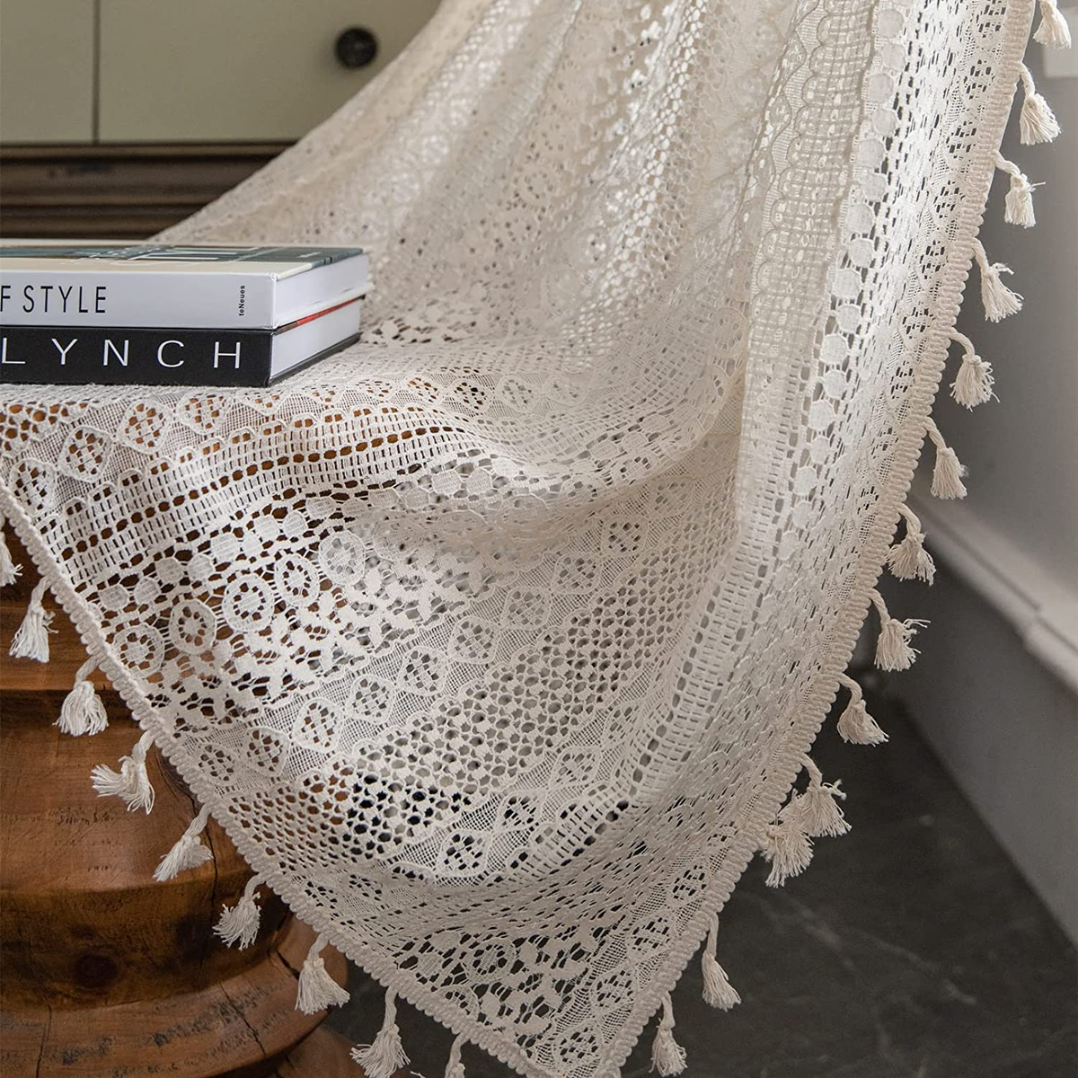 Curtains Crochet Lace Semi-Sheer Bohemian Hollow Knitted Handmade Tassels, Rod Pocket Window Treatment Vintage Rustic Farmhouse