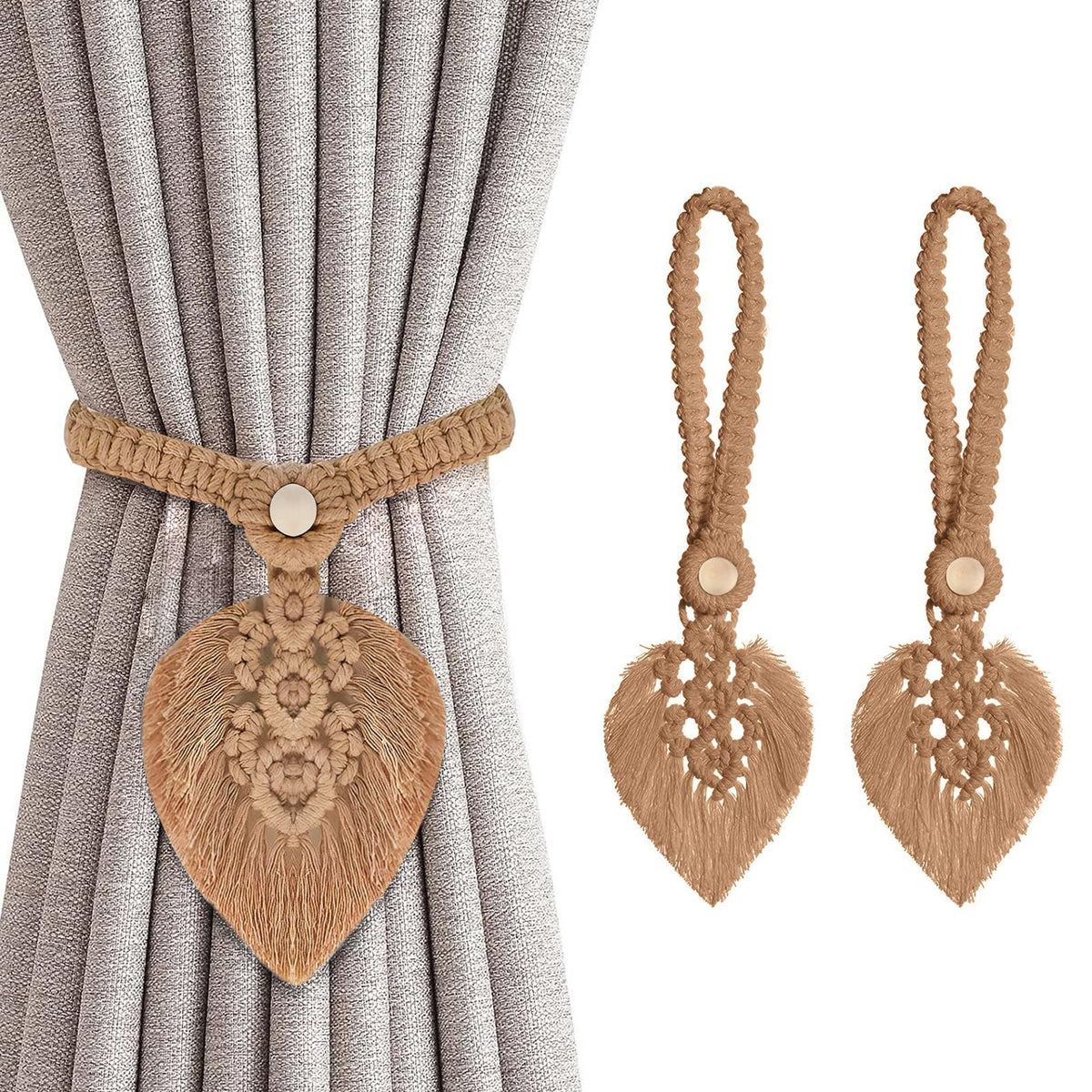2Pcs Curtain Tiebacks Handmade,Curtain Ties with One Natural Wooden Bead,Curtain Tiebacks Curtain Ties for Drapes Rural Decorative
