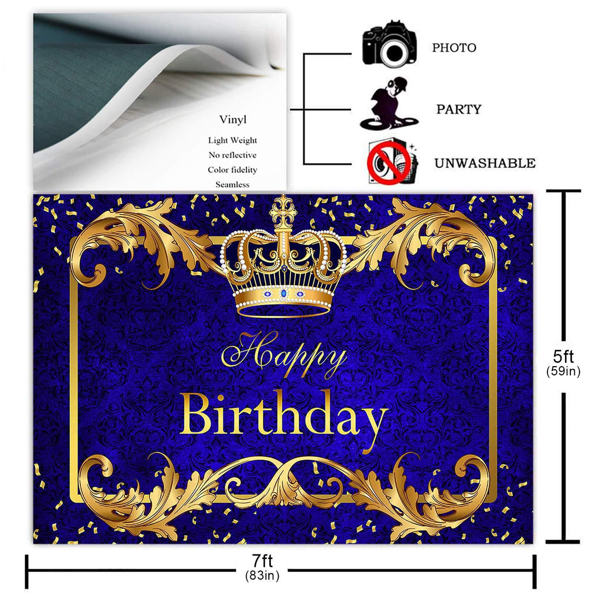 Royal Blue Boy Happy Birthday Photography Background Prince Crown Background Cloth Kids Birthday Party Decoration Vinyl Banner