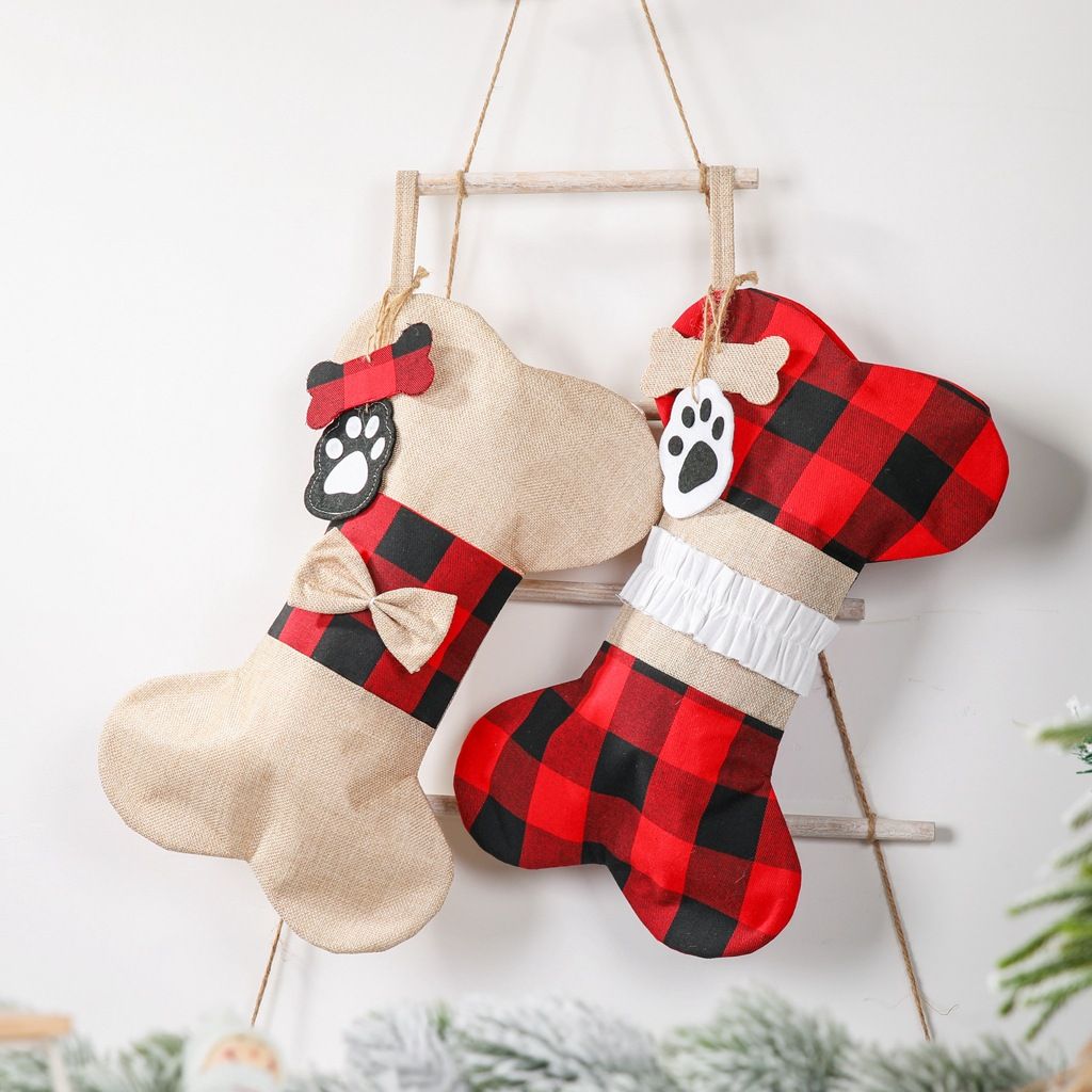 Christmas Plaid Pet Stocking - Cute Buffalo Plaid Doggy Bone Paw Stockings for Puppy Dog Pets Set - Pack of 2