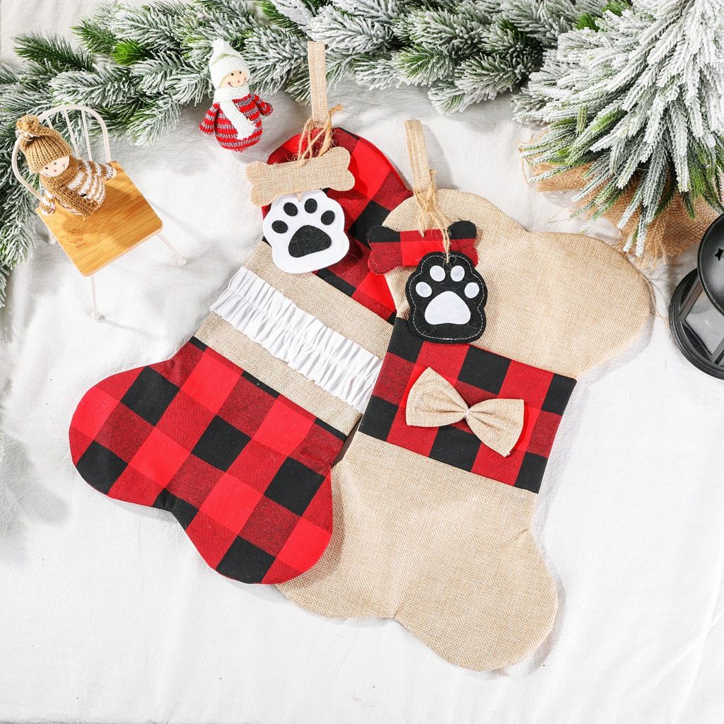 Christmas Plaid Pet Stocking - Cute Buffalo Plaid Doggy Bone Paw Stockings for Puppy Dog Pets Set - Pack of 2
