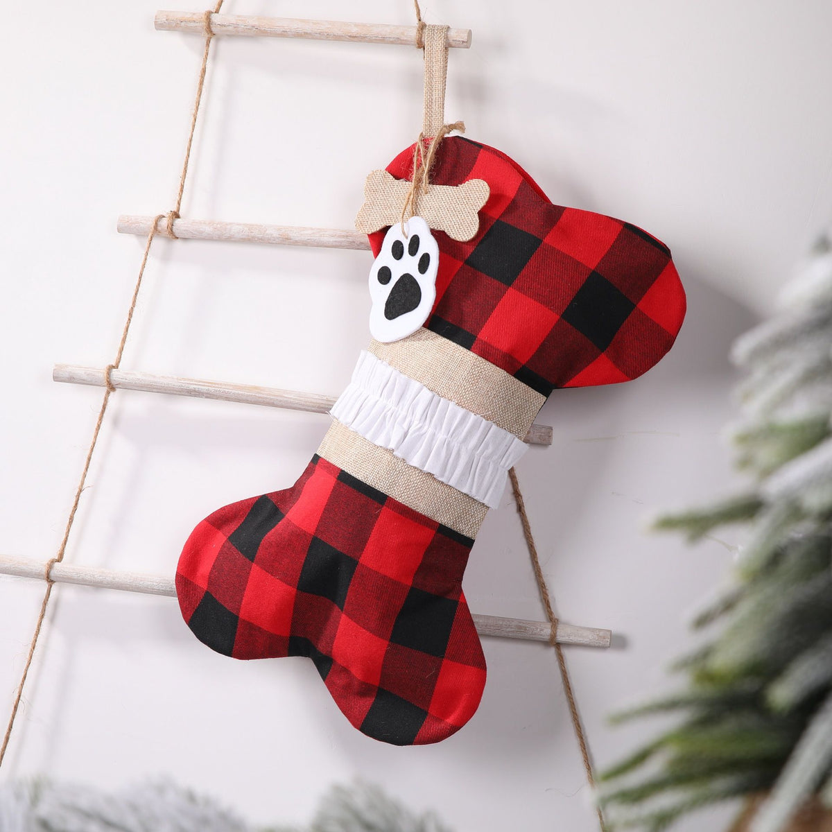 Christmas Plaid Pet Stocking - Cute Buffalo Plaid Doggy Bone Paw Stockings for Puppy Dog Pets Set - Pack of 2