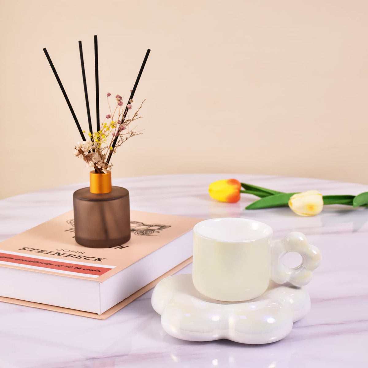 Ceramic Coffee Mug with Set, Creative Cute Cup with Flower, Novelty Cups with Flower Handle for Office and Home, Aesthetic Mugs