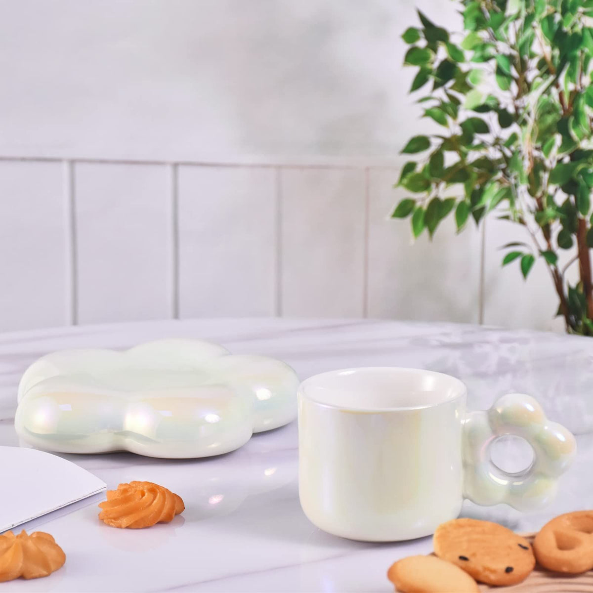 Ceramic Coffee Mug with Set, Creative Cute Cup with Flower, Novelty Cups with Flower Handle for Office and Home, Aesthetic Mugs