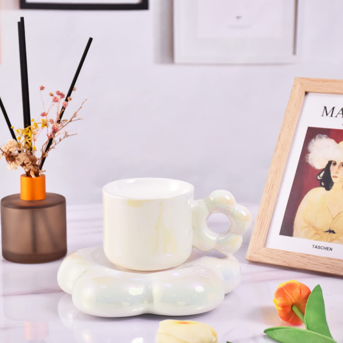 Ceramic Coffee Mug with Set, Creative Cute Cup with Flower, Novelty Cups with Flower Handle for Office and Home, Aesthetic Mugs