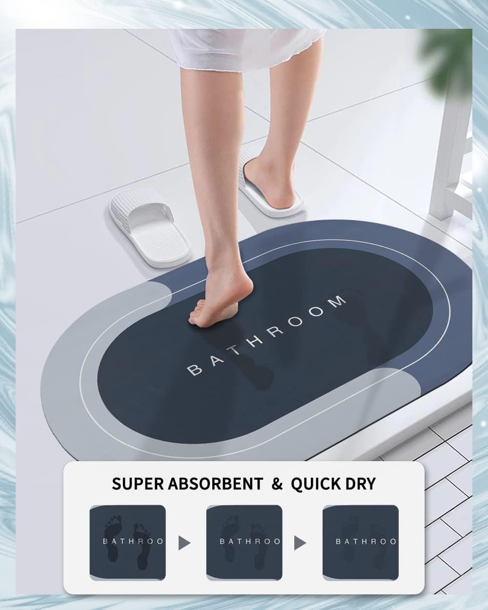 Rubber Non-Slip Quick Dry Bathroom Rugs Super Absorbent Thin Bath Mat Fit Under Door, Fashion Washable Oval Bathroom Floor Rugs