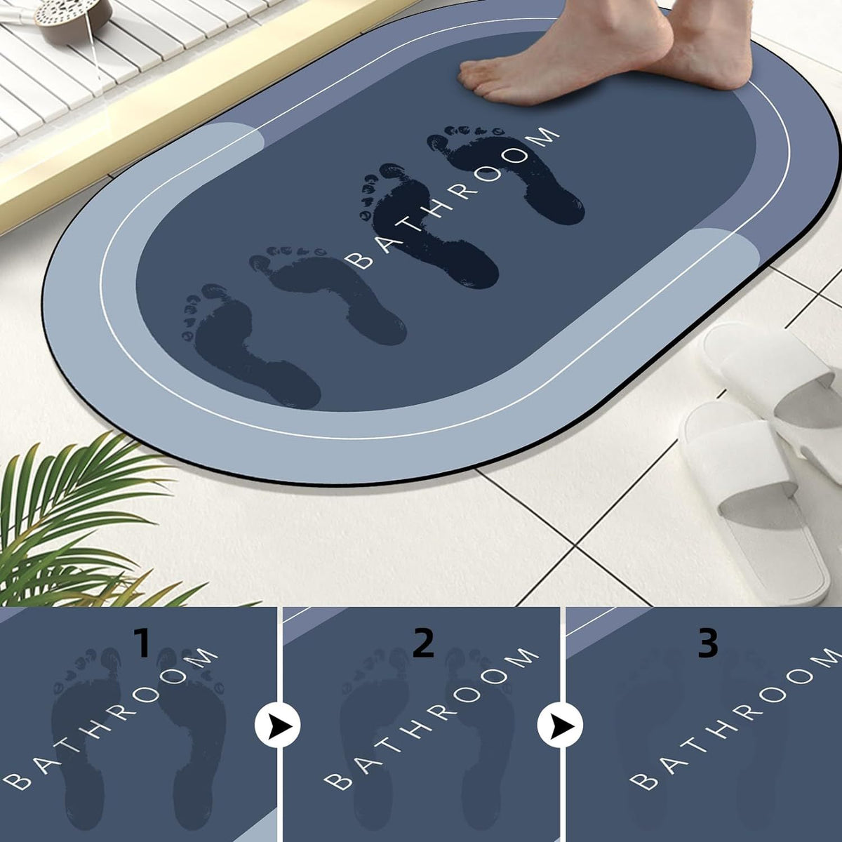 Rubber Non-Slip Quick Dry Bathroom Rugs Super Absorbent Thin Bath Mat Fit Under Door, Fashion Washable Oval Bathroom Floor Rugs