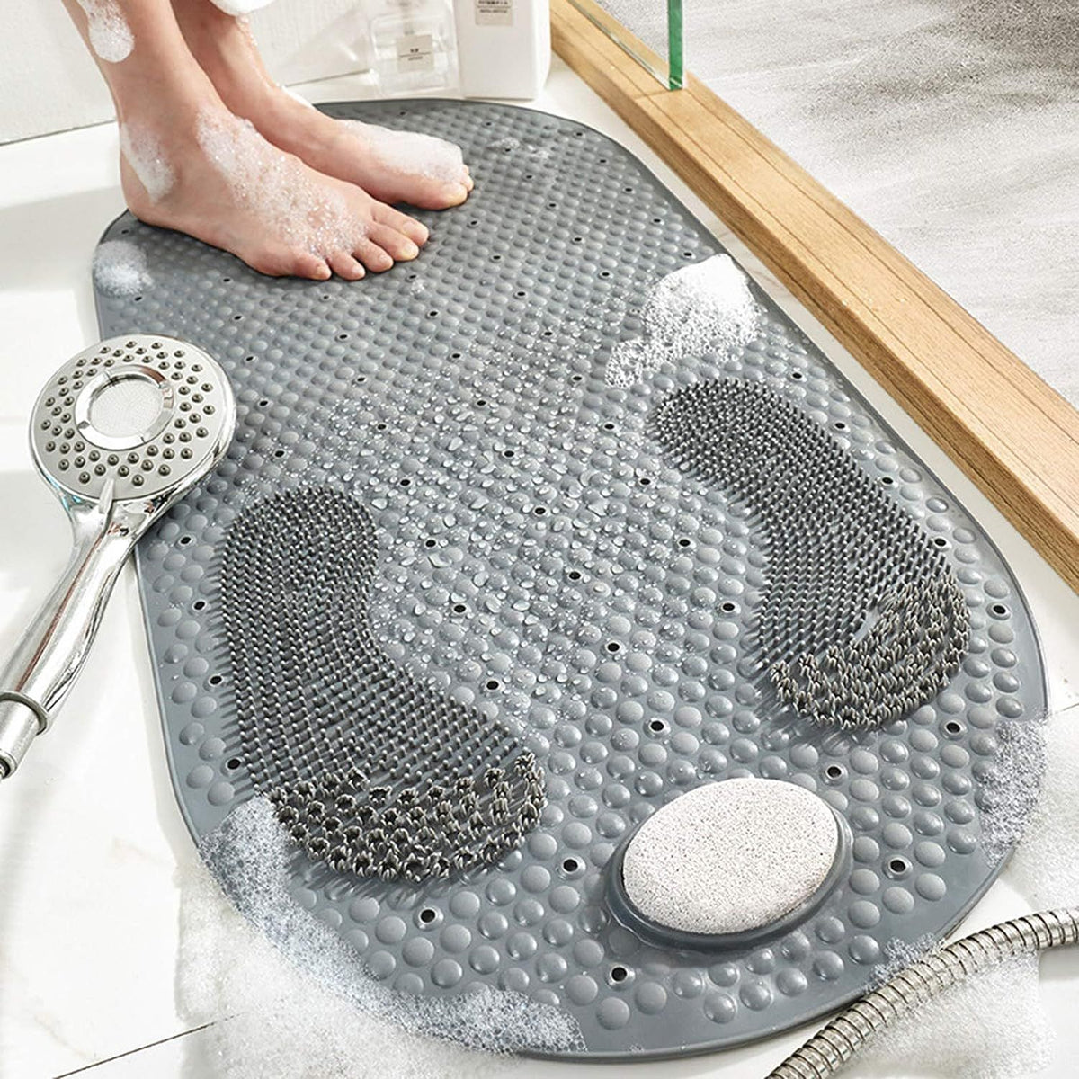 32"X16" Foot Scrubber Shower Mat with Feet Scrub Stone, Oval Bathtub Mat with Antislip Suction Cups and Drain Holes- Grey