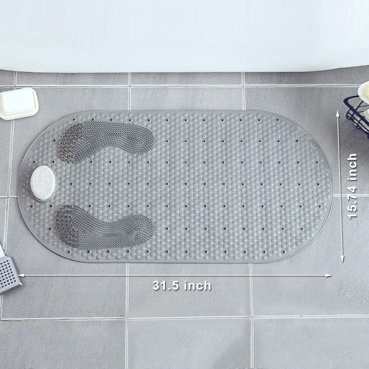 32"X16" Foot Scrubber Shower Mat with Feet Scrub Stone, Oval Bathtub Mat with Antislip Suction Cups and Drain Holes- Grey