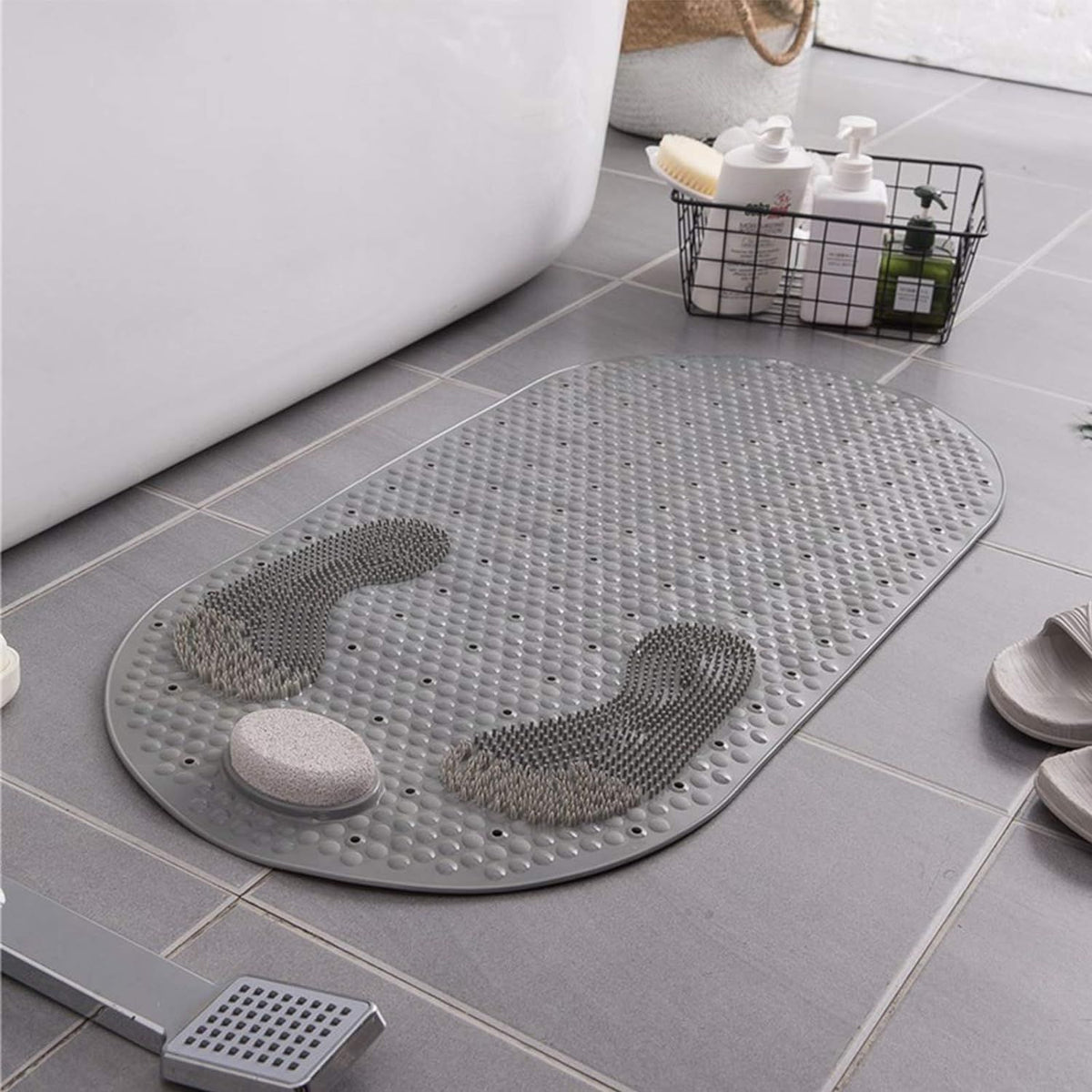 32"X16" Foot Scrubber Shower Mat with Feet Scrub Stone, Oval Bathtub Mat with Antislip Suction Cups and Drain Holes- Grey