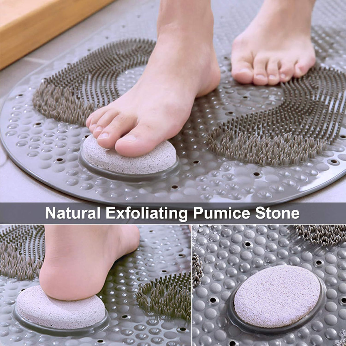 32"X16" Foot Scrubber Shower Mat with Feet Scrub Stone, Oval Bathtub Mat with Antislip Suction Cups and Drain Holes- Grey