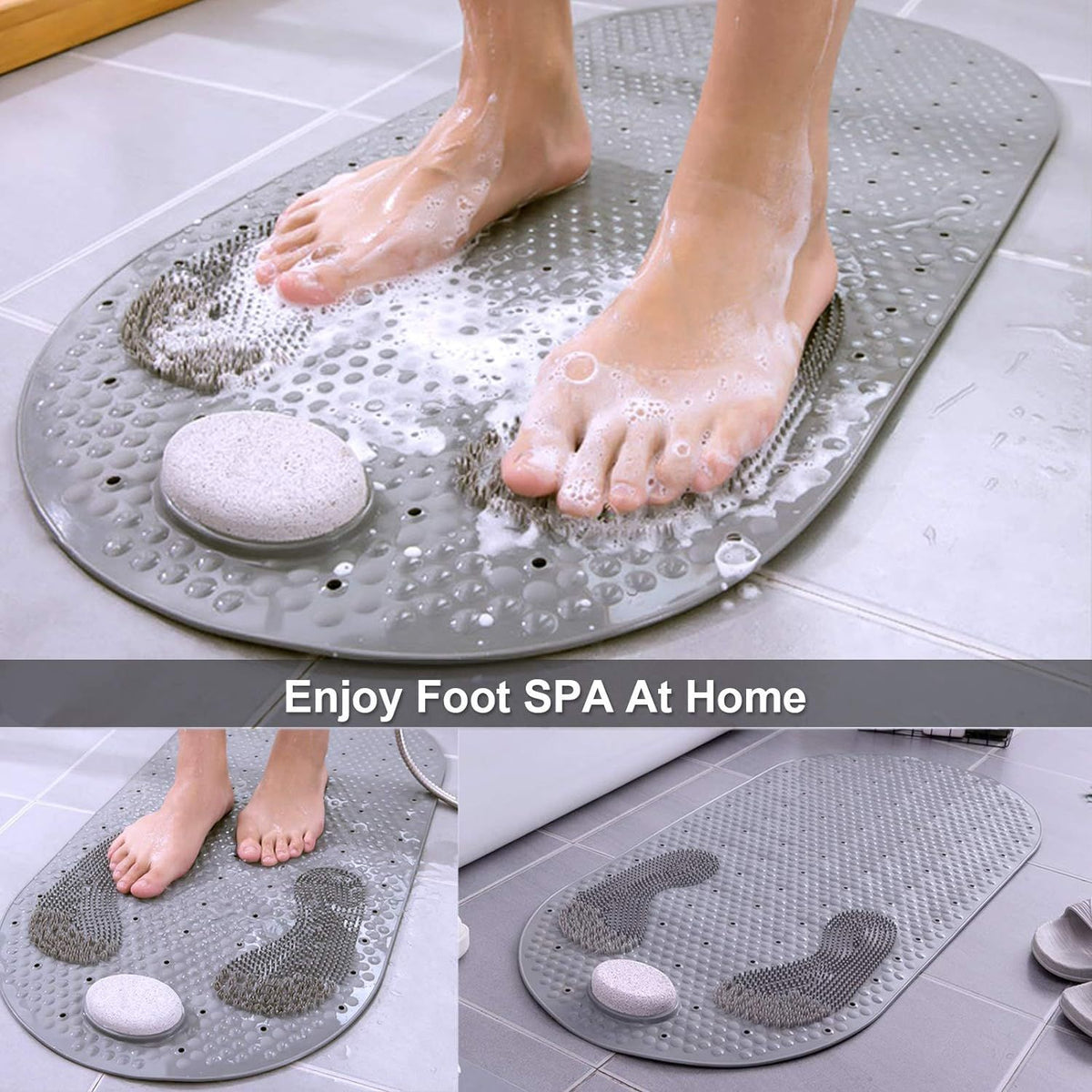 32"X16" Foot Scrubber Shower Mat with Feet Scrub Stone, Oval Bathtub Mat with Antislip Suction Cups and Drain Holes- Grey