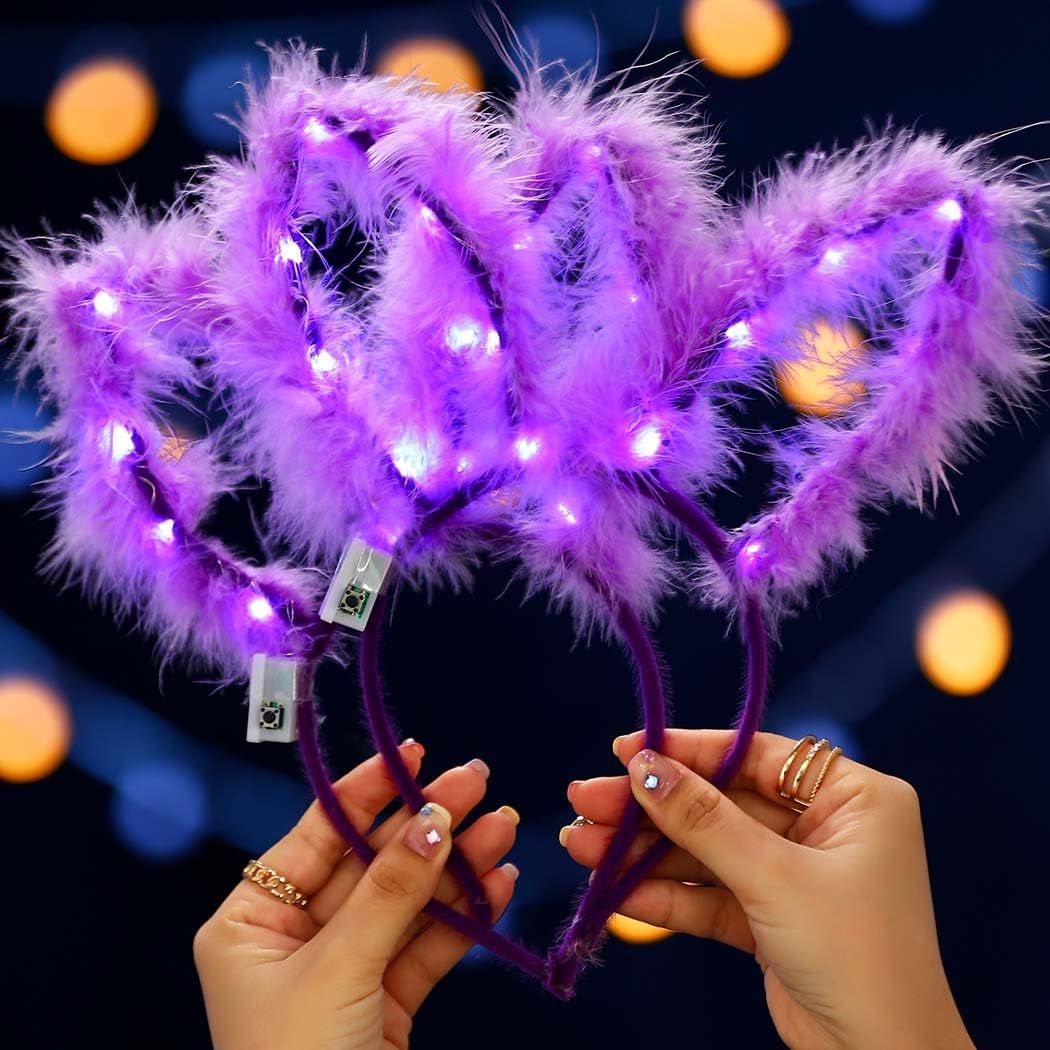 Light Up Headbands LED Bunny Ears Headband Easter Christmas Halloween Hair Accessories for Women and Girls(2Pcs) (Purple)