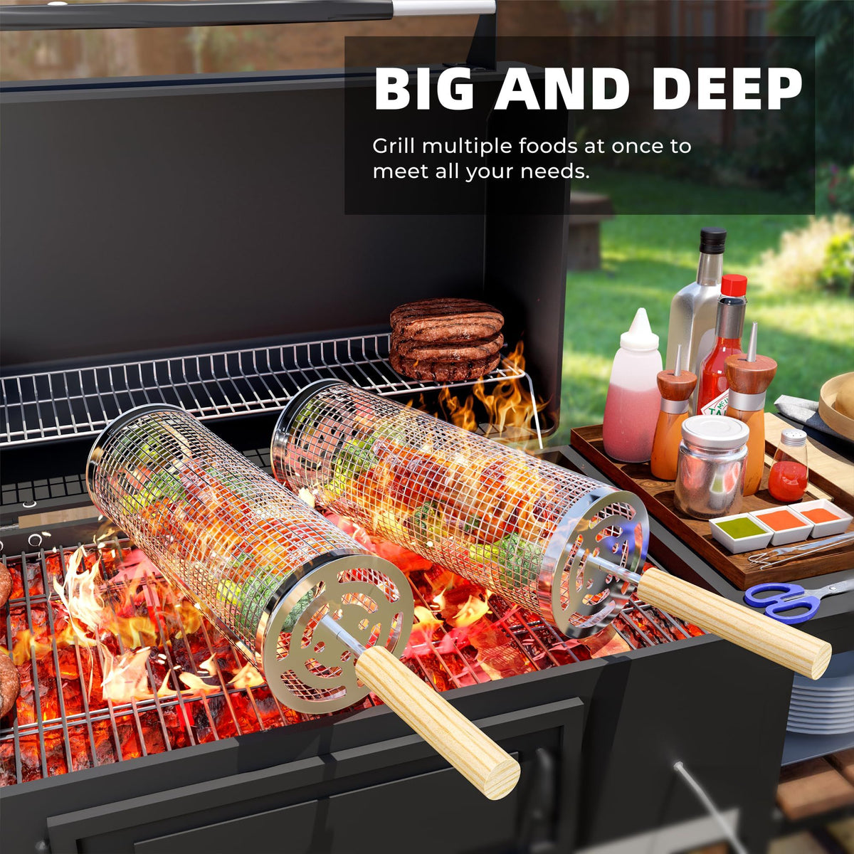 Grill Basket 2PCS Rolling Grill Baskets with Handle BBQ Grill Basket for Outdoor Grill Barbecue Stainless Steel Accessories