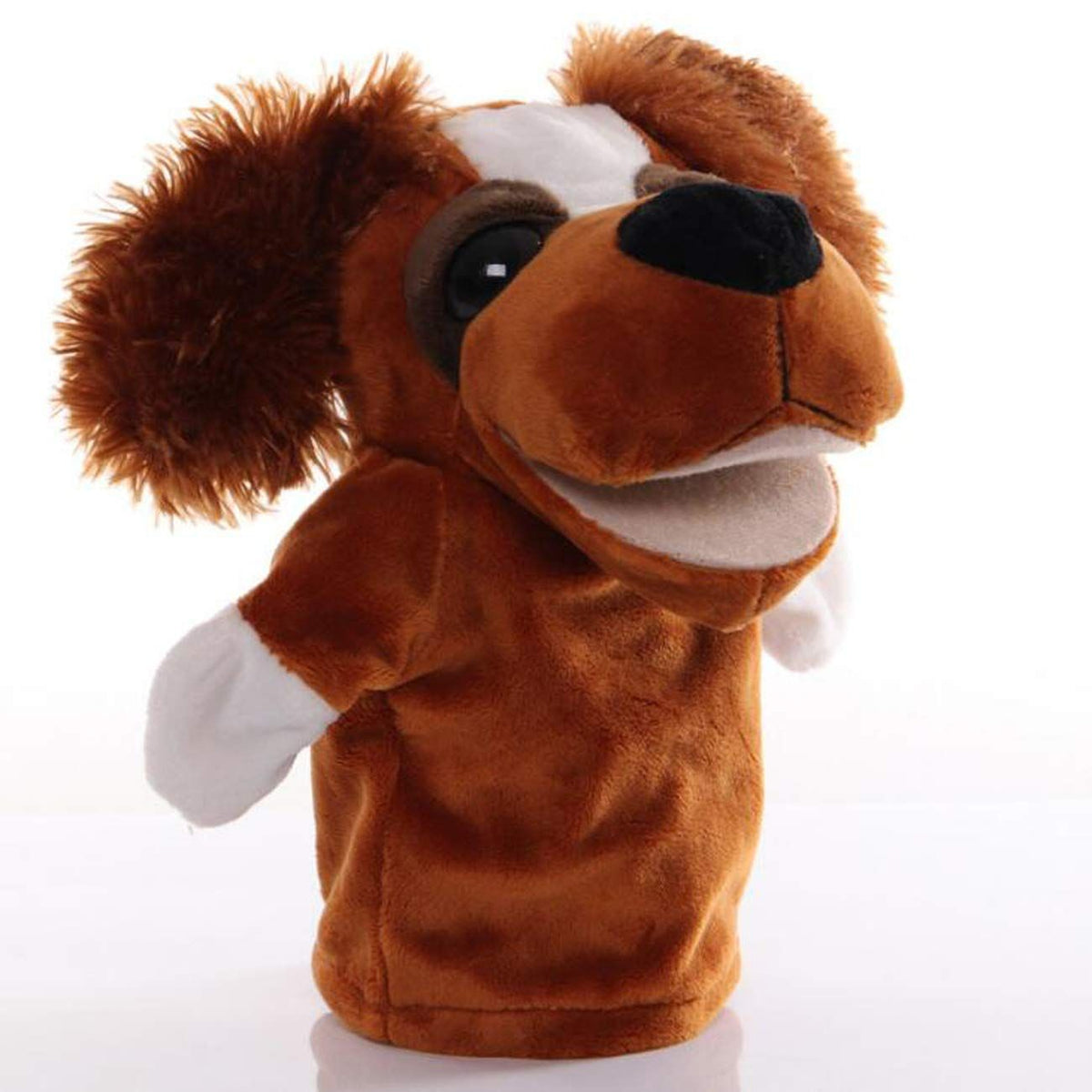 Plush dog, puppy, open mouth, hands, puppy, children's animal toy, imagination, pretend game, storytelling, puppet, hand puppet