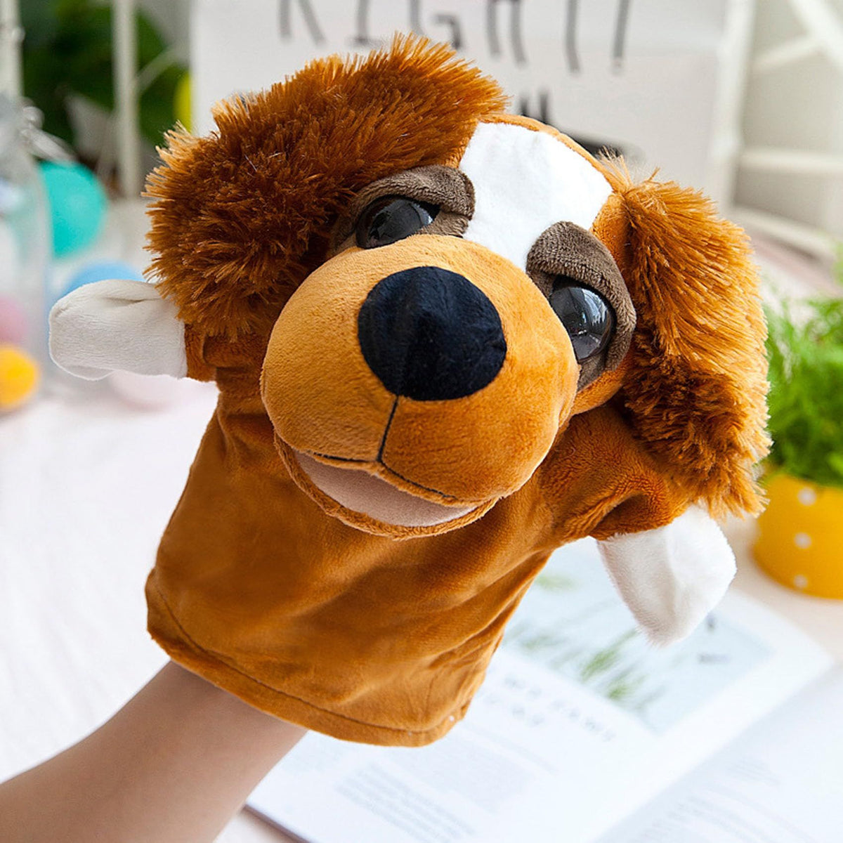 Plush dog, puppy, open mouth, hands, puppy, children's animal toy, imagination, pretend game, storytelling, puppet, hand puppet