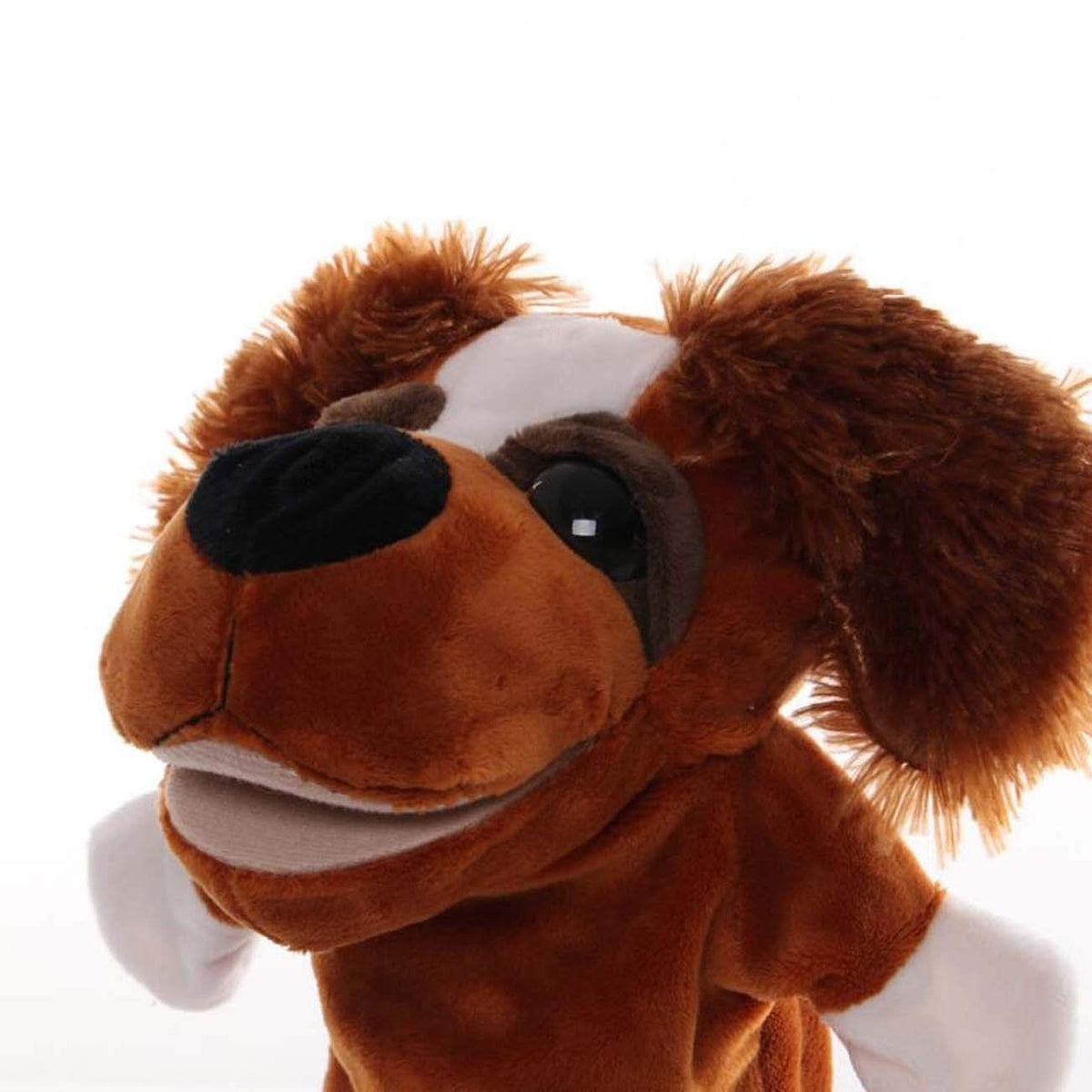 Plush dog, puppy, open mouth, hands, puppy, children's animal toy, imagination, pretend game, storytelling, puppet, hand puppet