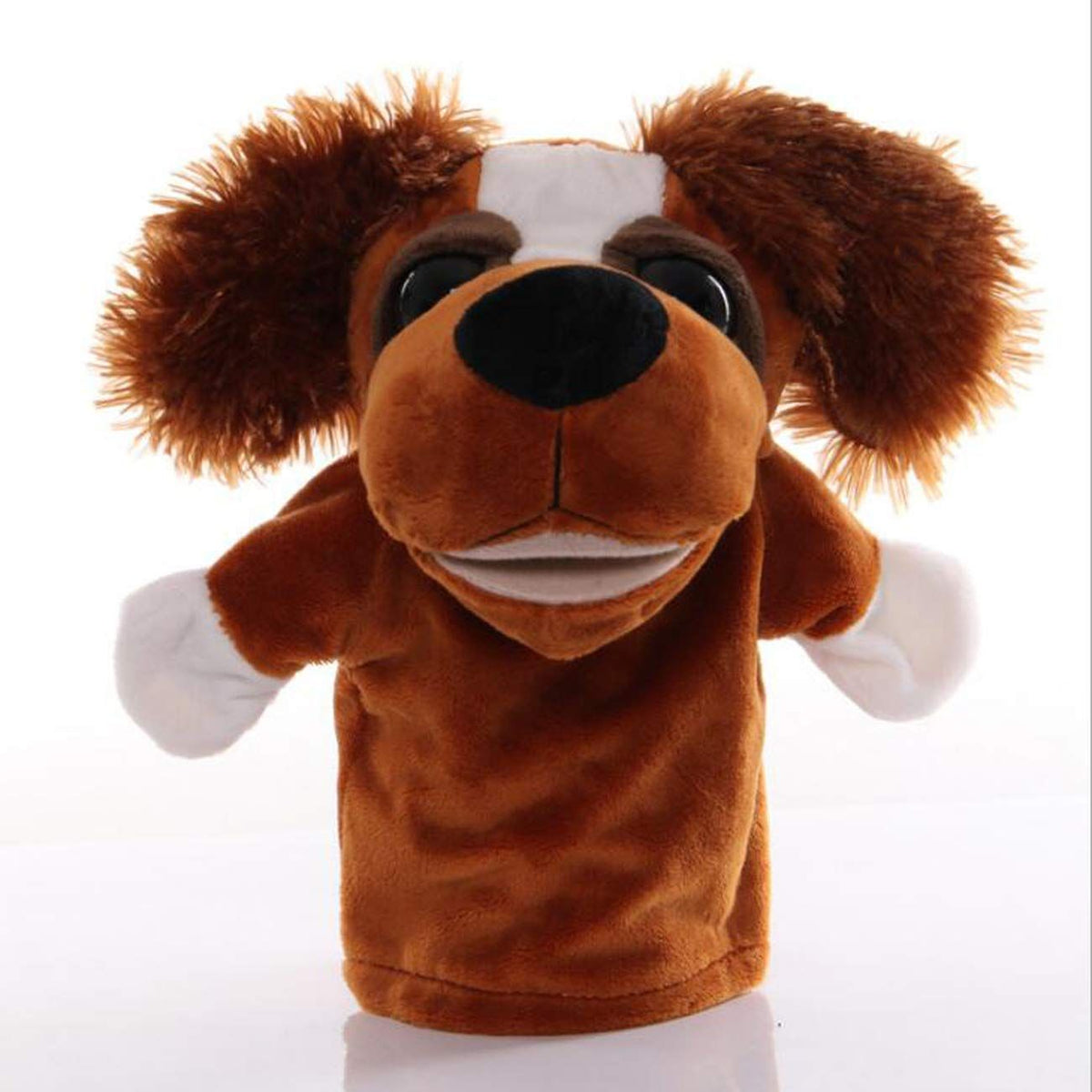 Plush dog, puppy, open mouth, hands, puppy, children's animal toy, imagination, pretend game, storytelling, puppet, hand puppet