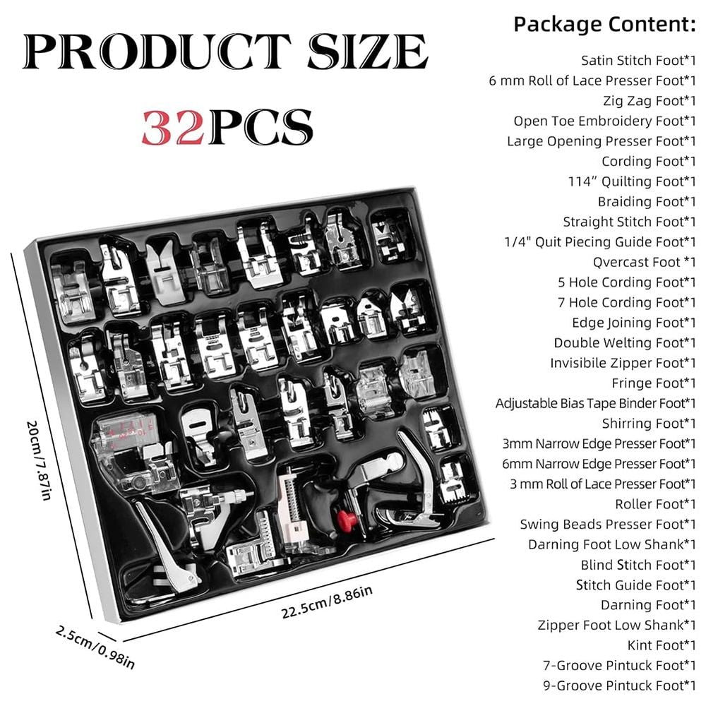 32 Pcs Sewing Machine Presser Foot Set, Snap on Sewing Feet Fit for Singer, , , Euro-Pro