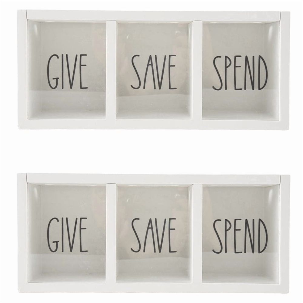 2X Wooden Give Save Spend Money Saving Box for Kids, Countertop Kid Piggy Bank for Daily Cash, White