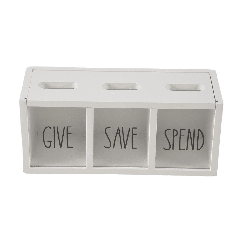 2X Wooden Give Save Spend Money Saving Box for Kids, Countertop Kid Piggy Bank for Daily Cash, White