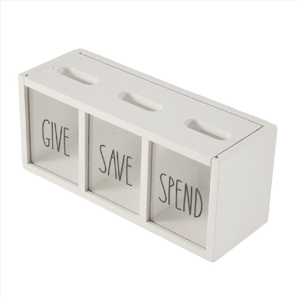 2X Wooden Give Save Spend Money Saving Box for Kids, Countertop Kid Piggy Bank for Daily Cash, White