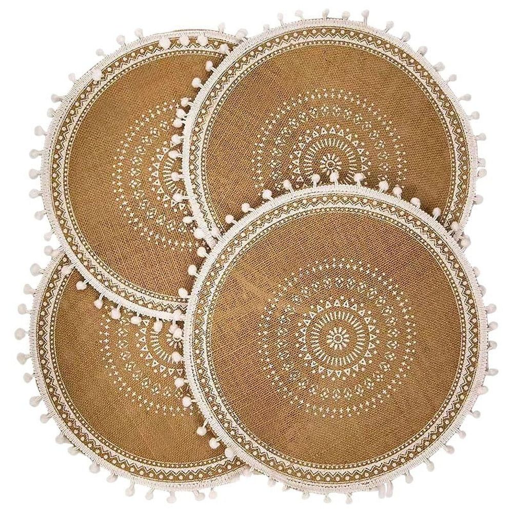25WM Round Placemats Set of 4,Boho Woven Table Mats with Pompom Tassel for Dining Room Kitchen