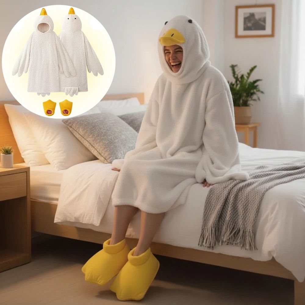 Fleece Wearable Blanket Hoodie with Slippers, Warm Cozy for Adults & Kids, WhiteM