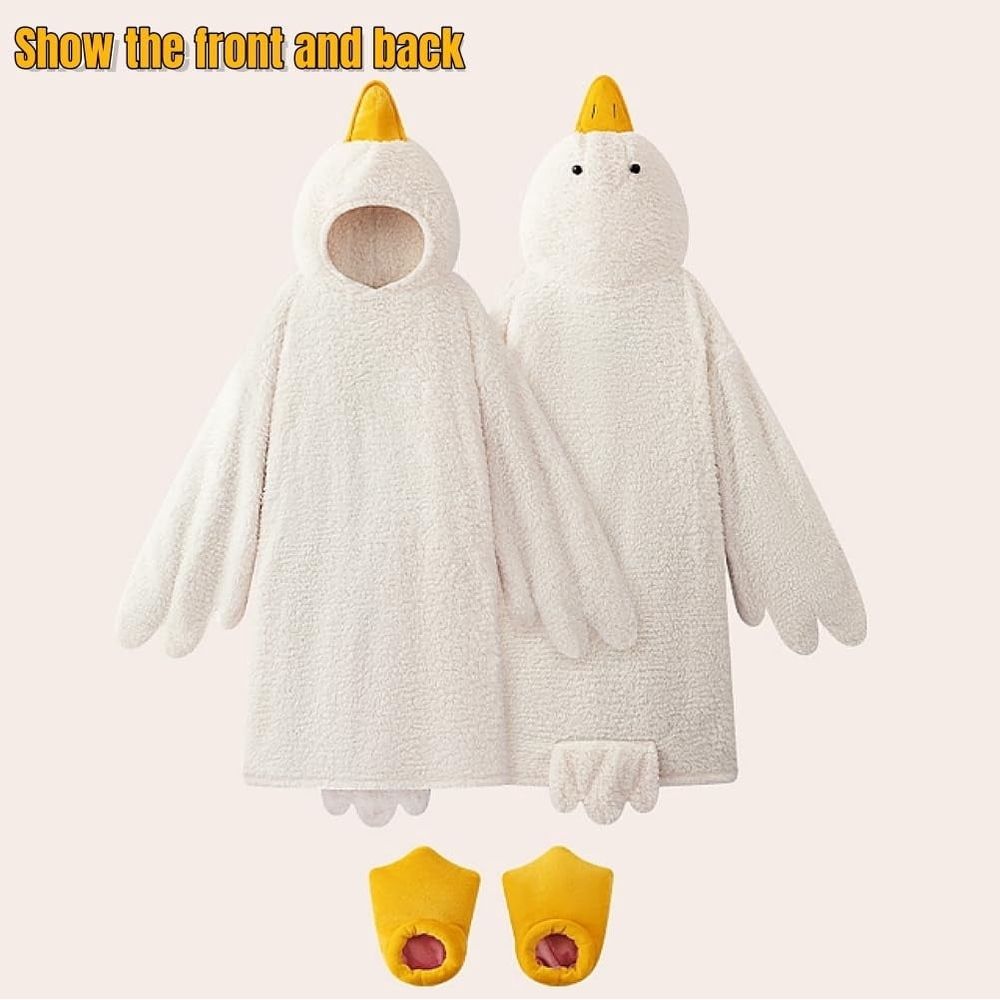 Fleece Wearable Blanket Hoodie with Slippers, Warm Cozy for Adults & Kids, WhiteM