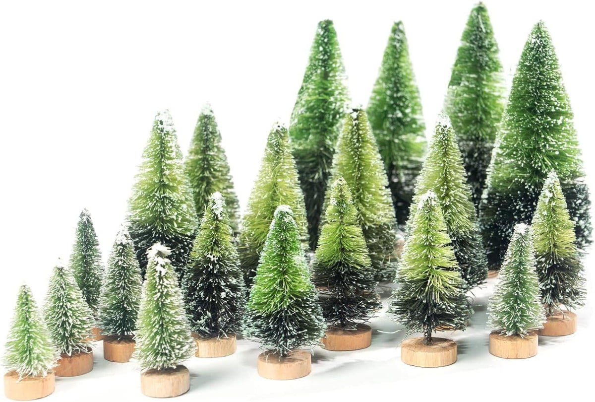 40PCS Mini Christmas Trees, 5 Sizes Artificial Sisal Trees Bottle Brush Xmas Trees with Wooden Base for Xmas Winter Home Table Decoration