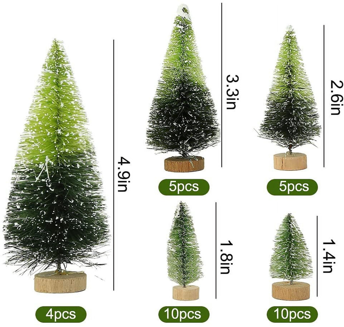 40PCS Mini Christmas Trees, 5 Sizes Artificial Sisal Trees Bottle Brush Xmas Trees with Wooden Base for Xmas Winter Home Table Decoration