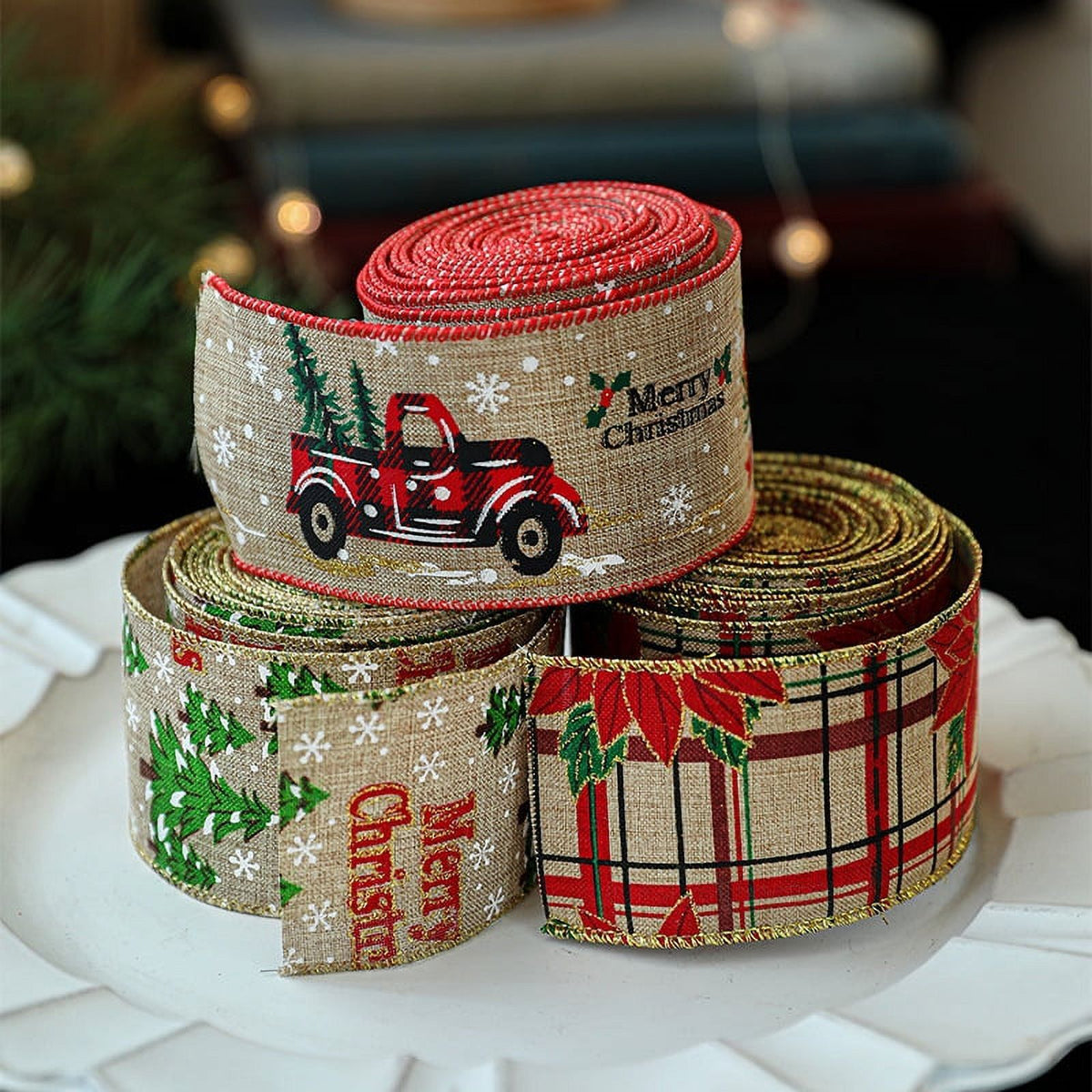 Christmas Wired Ribbons Buffalo Red White Black Plaid Ribbons Vintage Truck Trees Snowflake Wired Edge Ribbon for Christmas DIY Wrapping Wedding Floral Craft