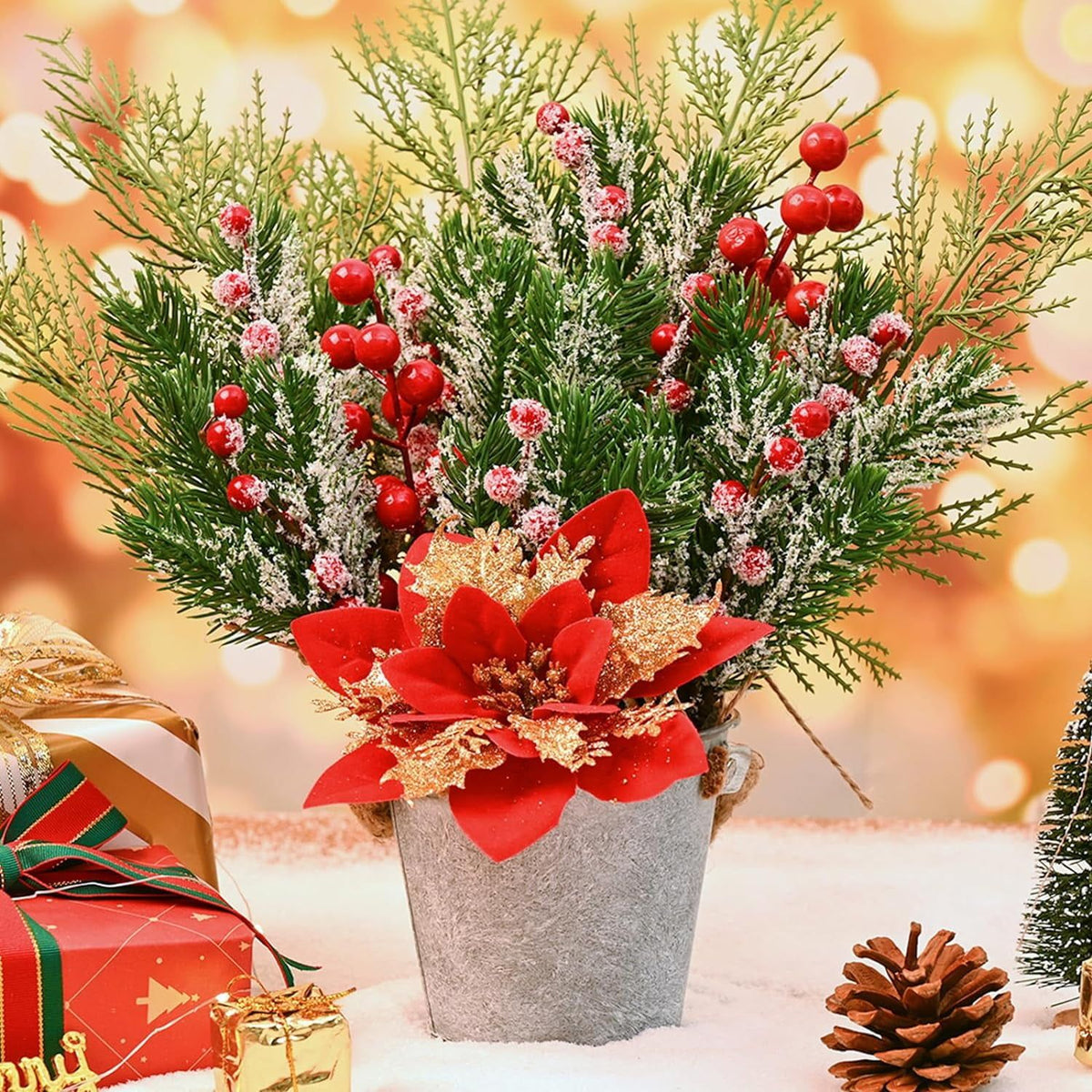 12PCS Christmas Berries Pine Cones, Artificial Pine Picks Christmas Berries Décor with Snowflakes Flocked Holly, for Garden Wedding Xmas Wreaths DIY Craft Décor