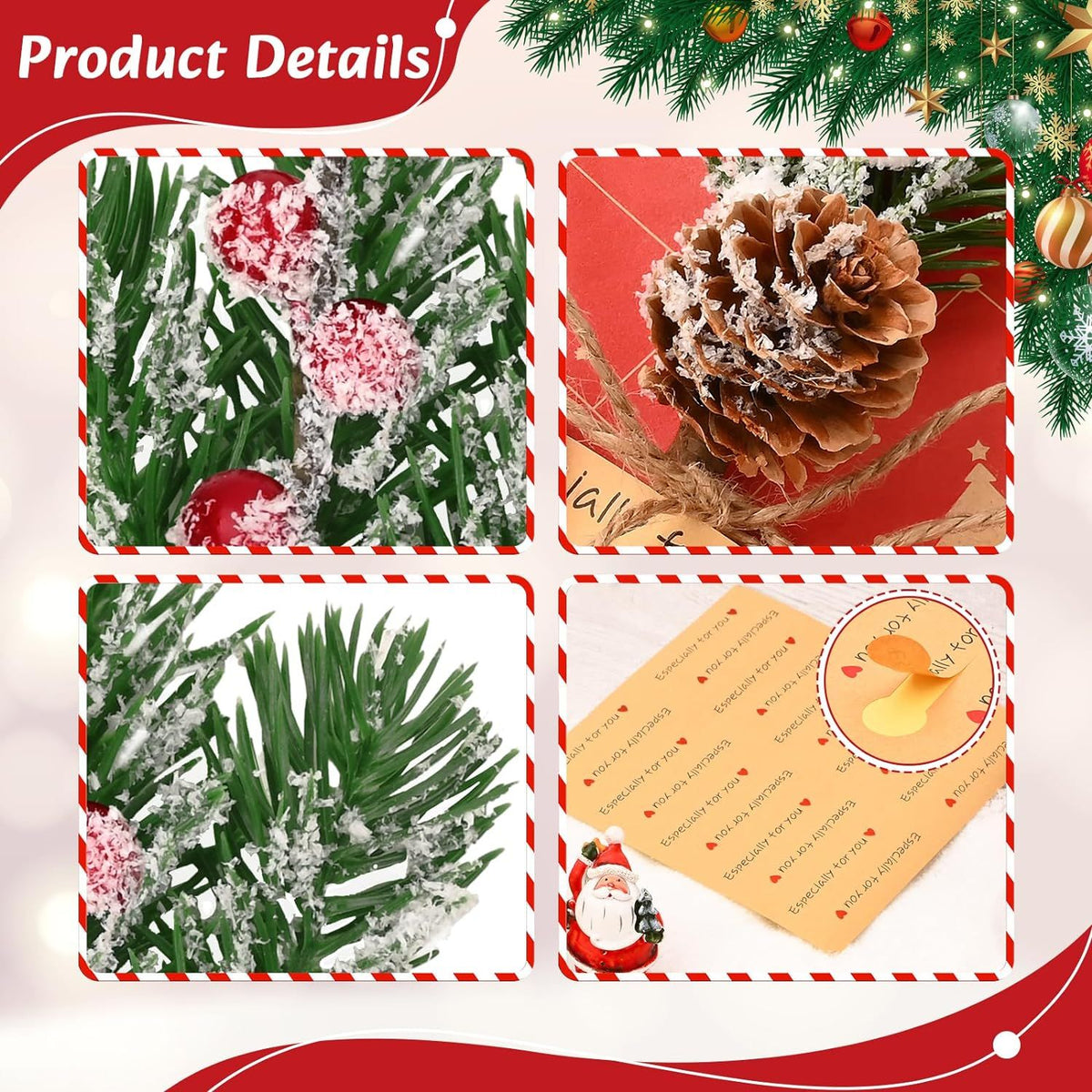 12PCS Christmas Berries Pine Cones, Artificial Pine Picks Christmas Berries Décor with Snowflakes Flocked Holly, for Garden Wedding Xmas Wreaths DIY Craft Décor