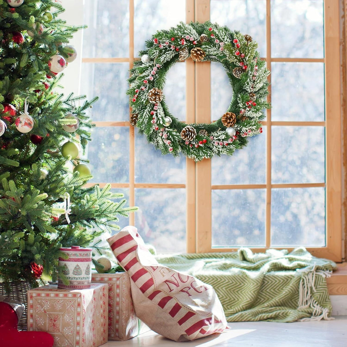 12PCS Christmas Berries Pine Cones, Artificial Pine Picks Christmas Berries Décor with Snowflakes Flocked Holly, for Garden Wedding Xmas Wreaths DIY Craft Décor
