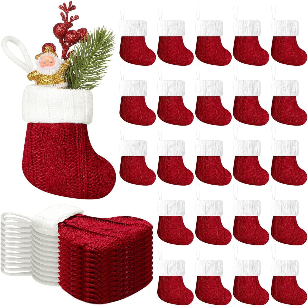 24PCS Christmas Mini Stockings Red Cable Knit Xmas Rustic Stocking Mini Stockings Christmas Bulk Little Holiday Hanging Decorations Christmas Tree Ornaments for Fireplace Mantel Tree Party Decor