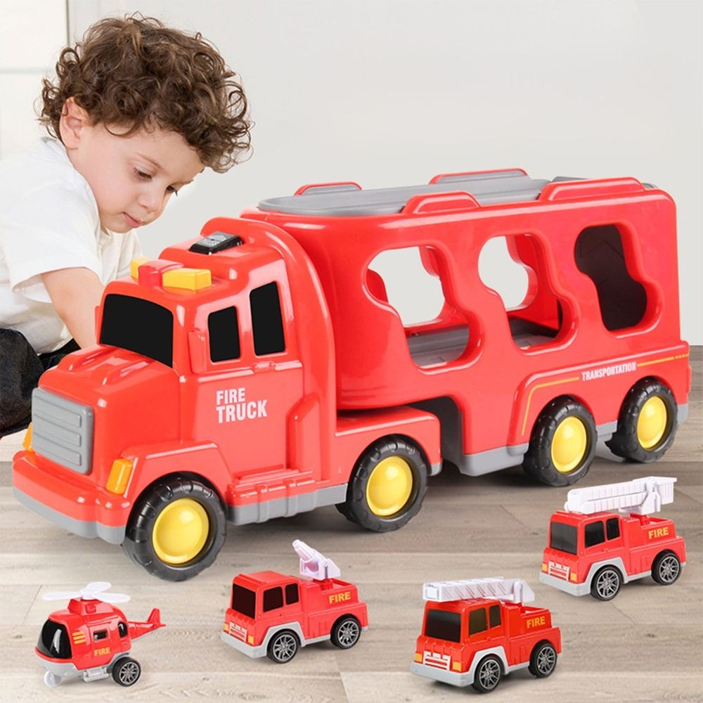 Red Double Storage Truck Toy with Music & Lights, 4.3"x13.3"x5.5" Inertial Engineering Car Set with 4 Mini Cars, Ideal Christmas Birthday Gift for Kids Aged 3+