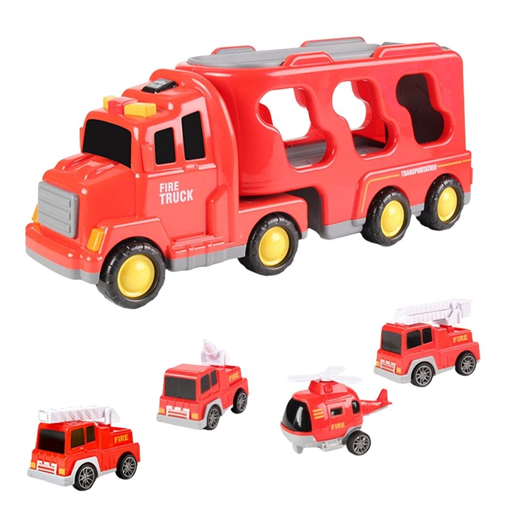 Red Double Storage Truck Toy with Music & Lights, 4.3"x13.3"x5.5" Inertial Engineering Car Set with 4 Mini Cars, Ideal Christmas Birthday Gift for Kids Aged 3+