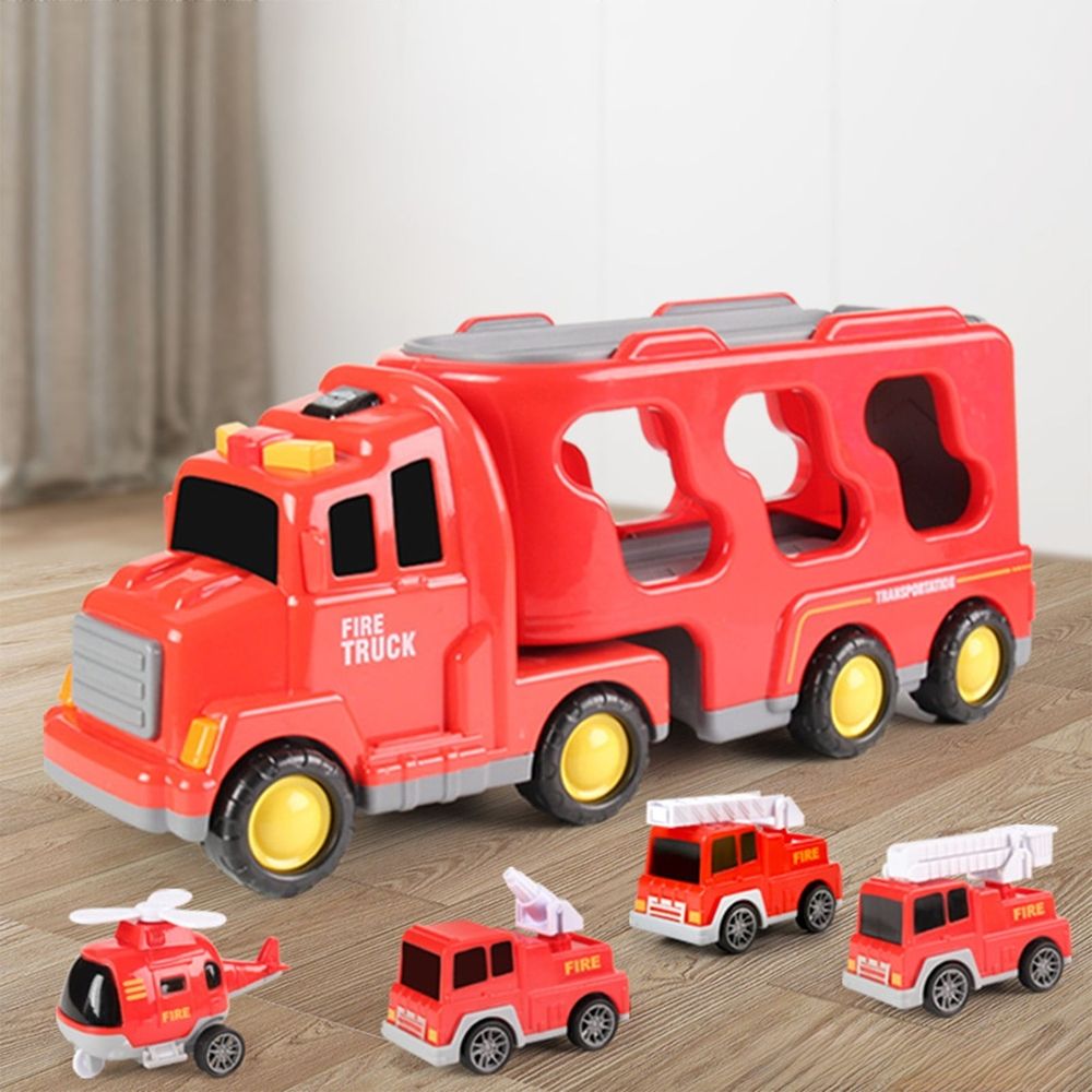 Red Double Storage Truck Toy with Music & Lights, 4.3"x13.3"x5.5" Inertial Engineering Car Set with 4 Mini Cars, Ideal Christmas Birthday Gift for Kids Aged 3+