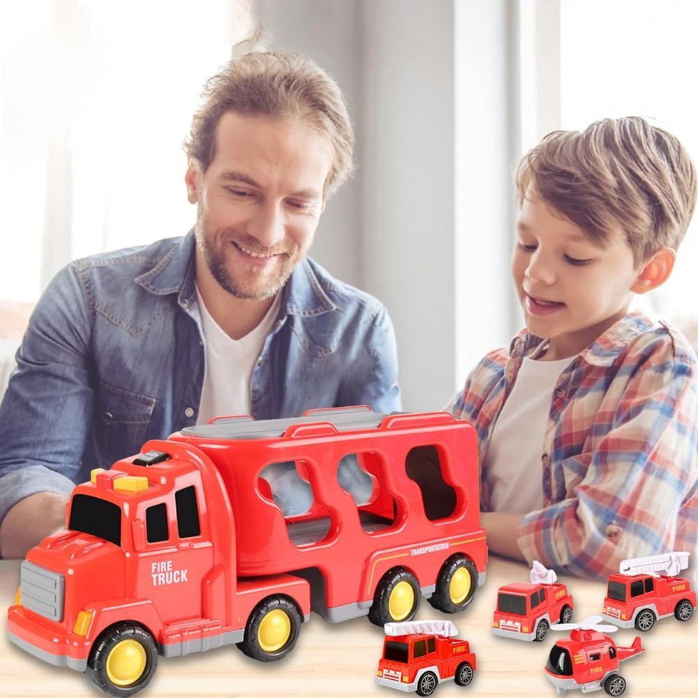 Red Double Storage Truck Toy with Music & Lights, 4.3"x13.3"x5.5" Inertial Engineering Car Set with 4 Mini Cars, Ideal Christmas Birthday Gift for Kids Aged 3+