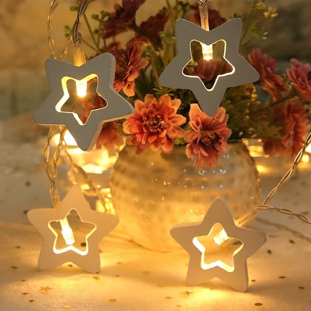 Wooden Star Fairy String Light Valentine's Day Star Shaped String Light Battery Operated String Led Light for Christmas Holiday Wedding Garden Birthday Party Indoor