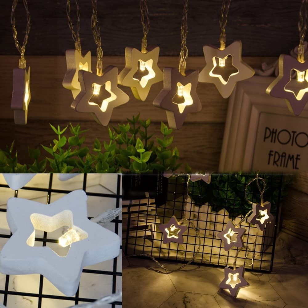 Wooden Star Fairy String Light Valentine's Day Star Shaped String Light Battery Operated String Led Light for Christmas Holiday Wedding Garden Birthday Party Indoor