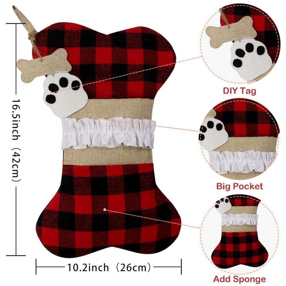 Pet Dog Christmas Stockings, Plaid Large Bone Shape Pets Stockings, Classic Hanging Stockings for Christmas Decorations